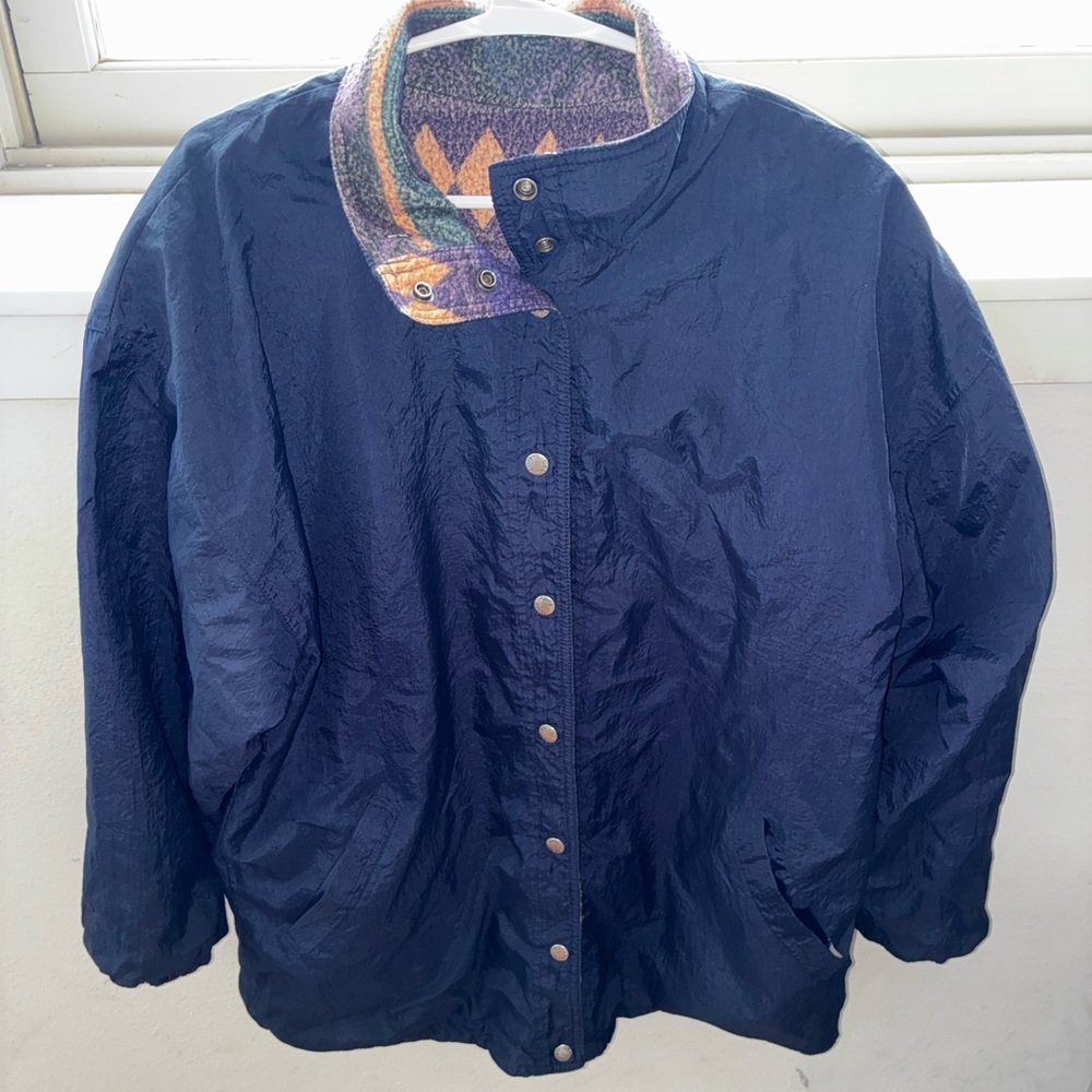 Men's Navy Reversible Windbreaker with Patterned Collar